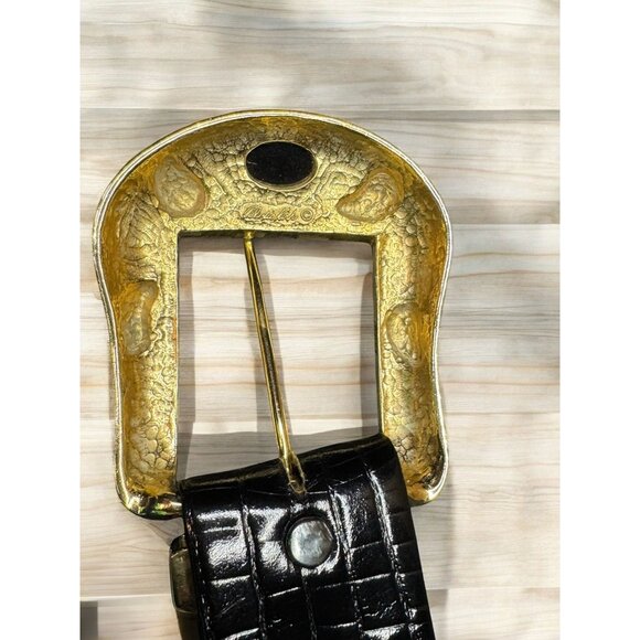 Alexis Kirk Black Reptile Embossed Leather Belt With Cabochon Buckle